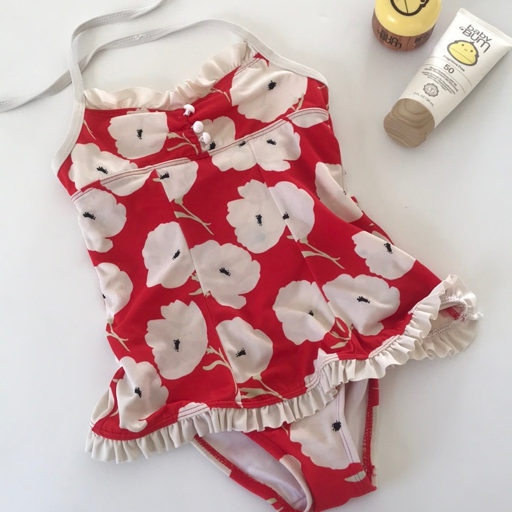 Janie and Jack pin up red floral bathing suit 2T